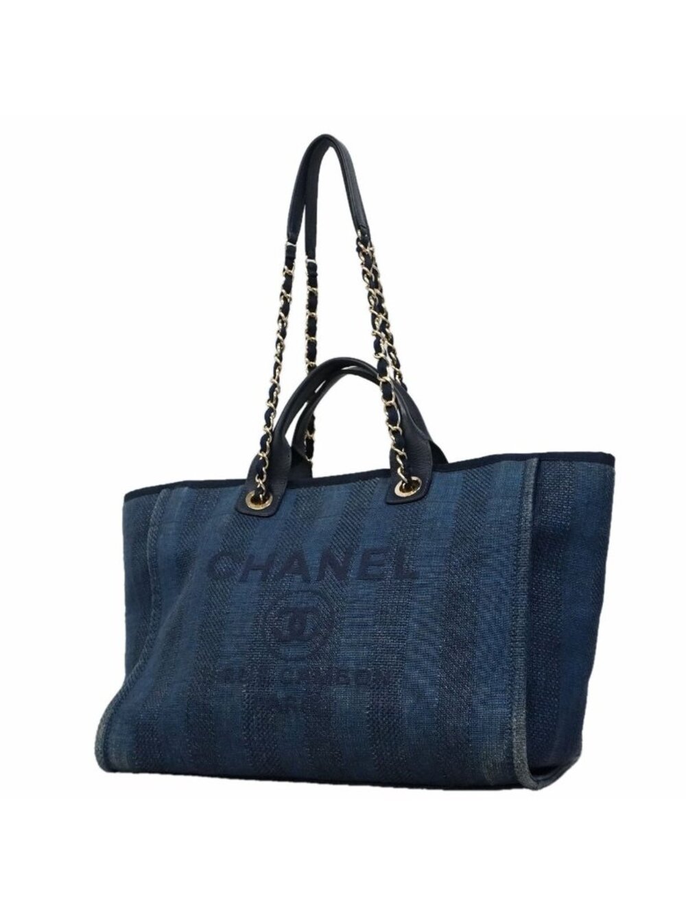 Chanel Chain Tote Bag Deauville Tweed Navy Champagne Gold 2-Way